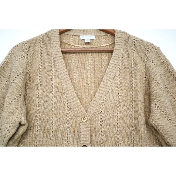 Charter Club Womens Gold Shimmer Cardigan Ethereal Twee Beige Normcore Pockets - Picture 4 of 10